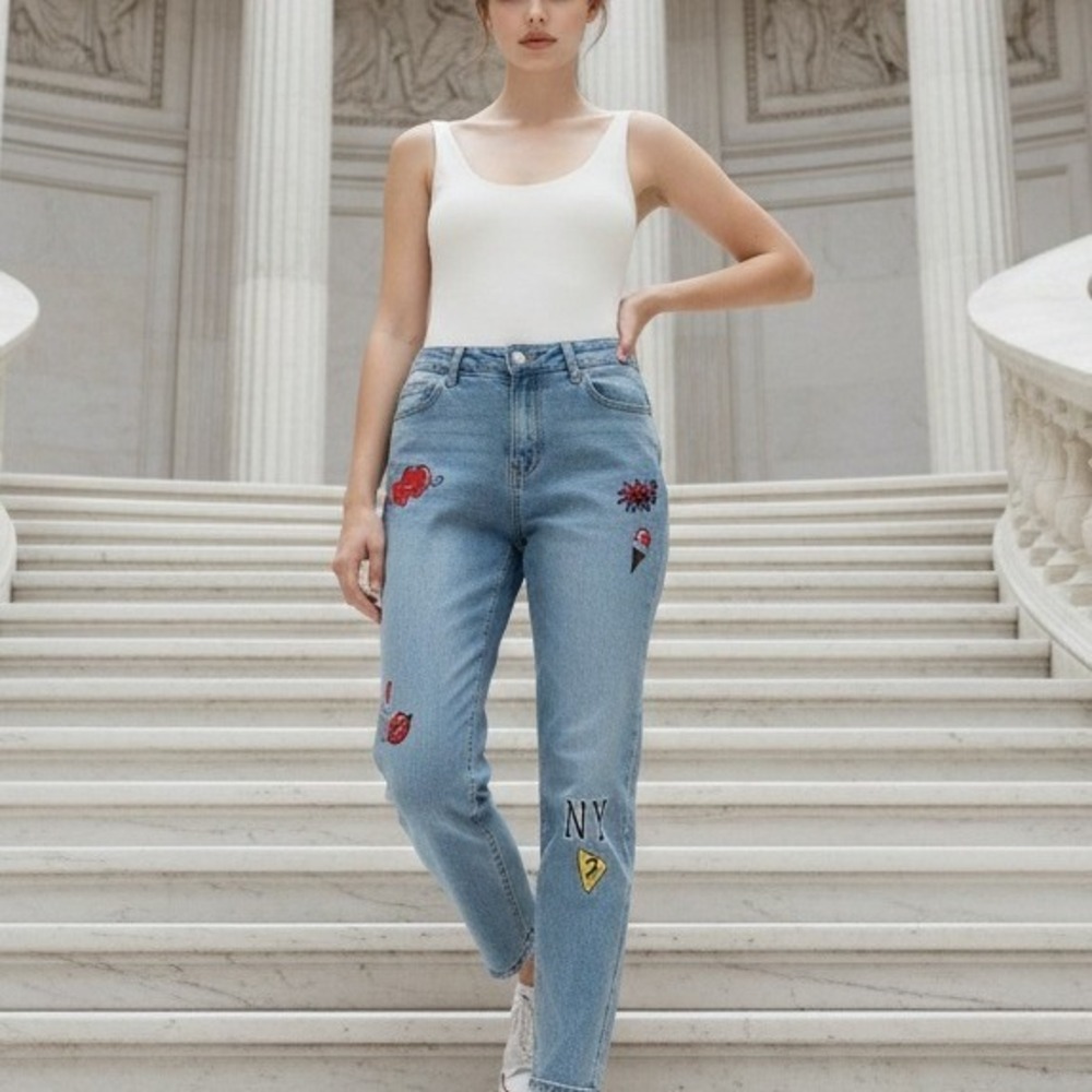 New‎ York & Co Soho 16 Boyfriend Distressed Blue Jeans Patches XL Acid Wash